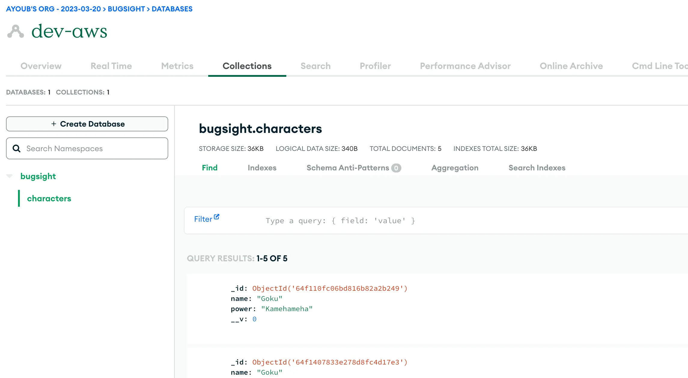 MongoDB Atlas - Database collections and documents