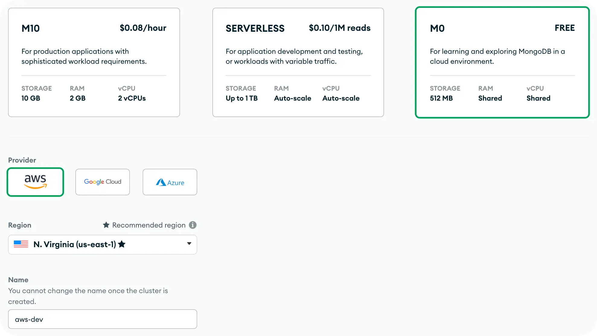 MongoDB Atlas - Setup cluster Plane, Provider, Region and Name