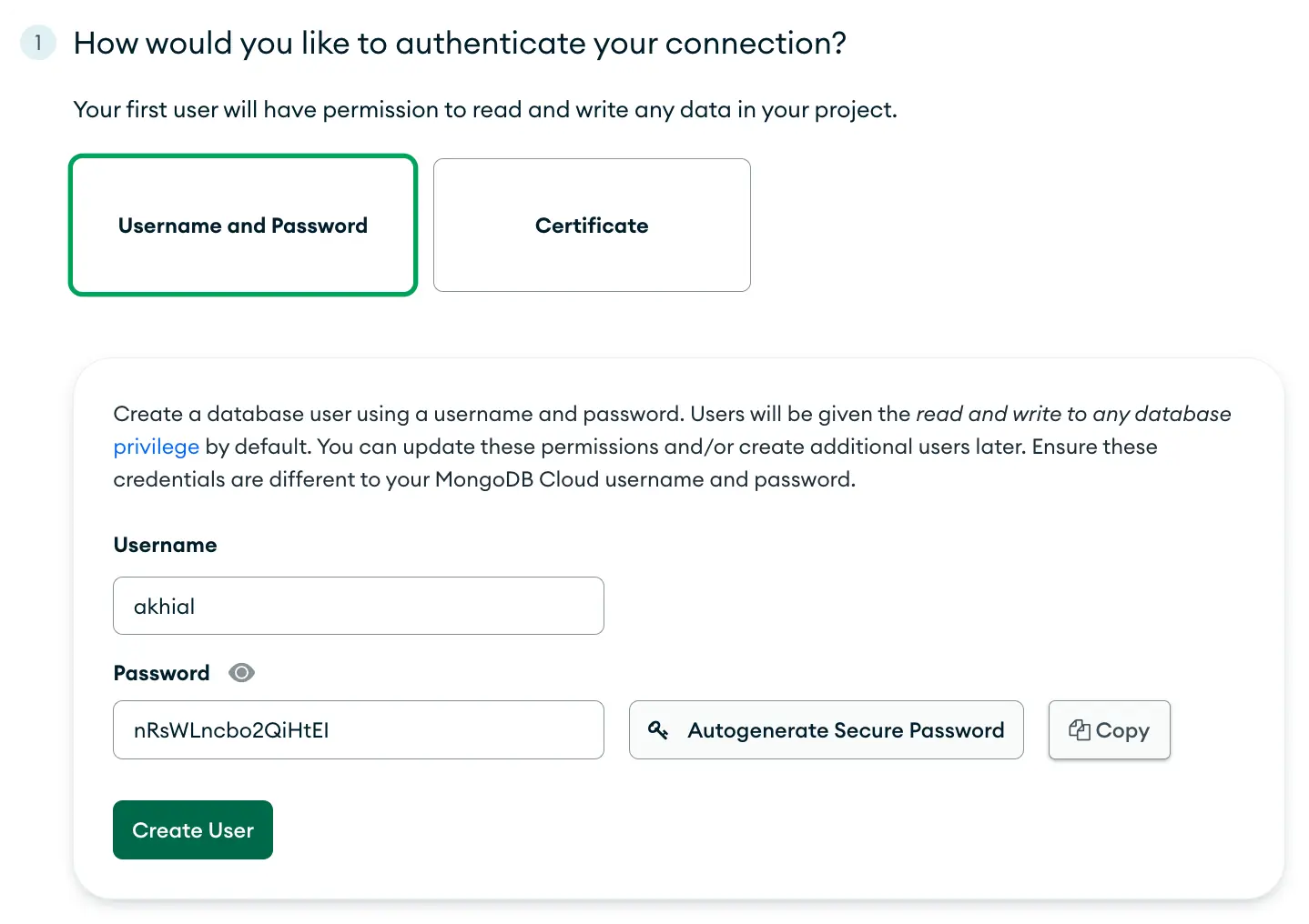 MongoDB Atlas - Setup Cluster username and password