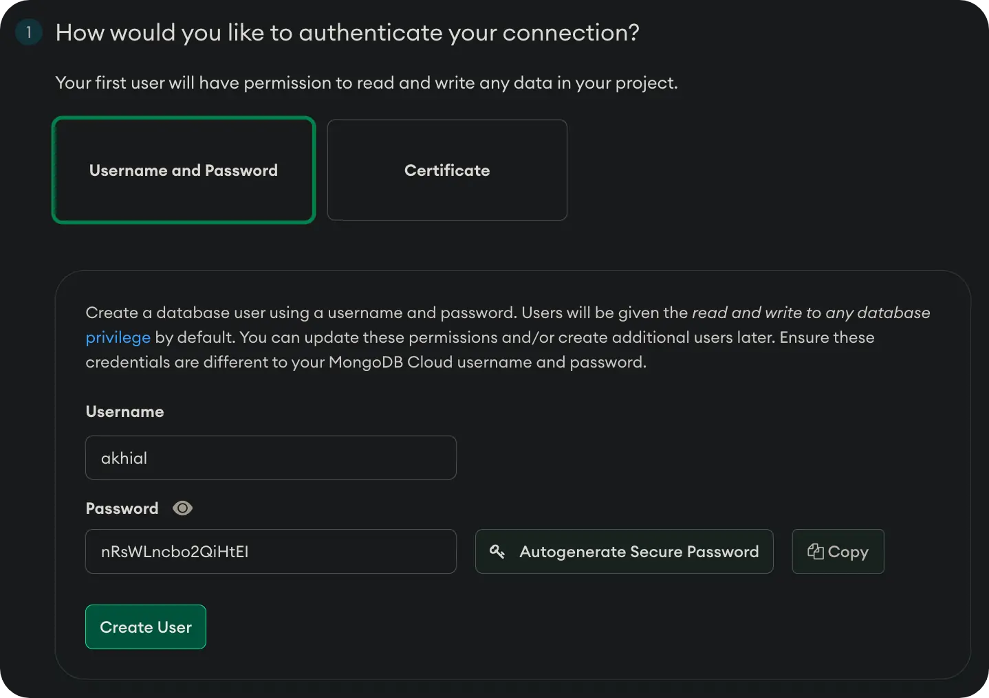 MongoDB Atlas - Setup Cluster username and password