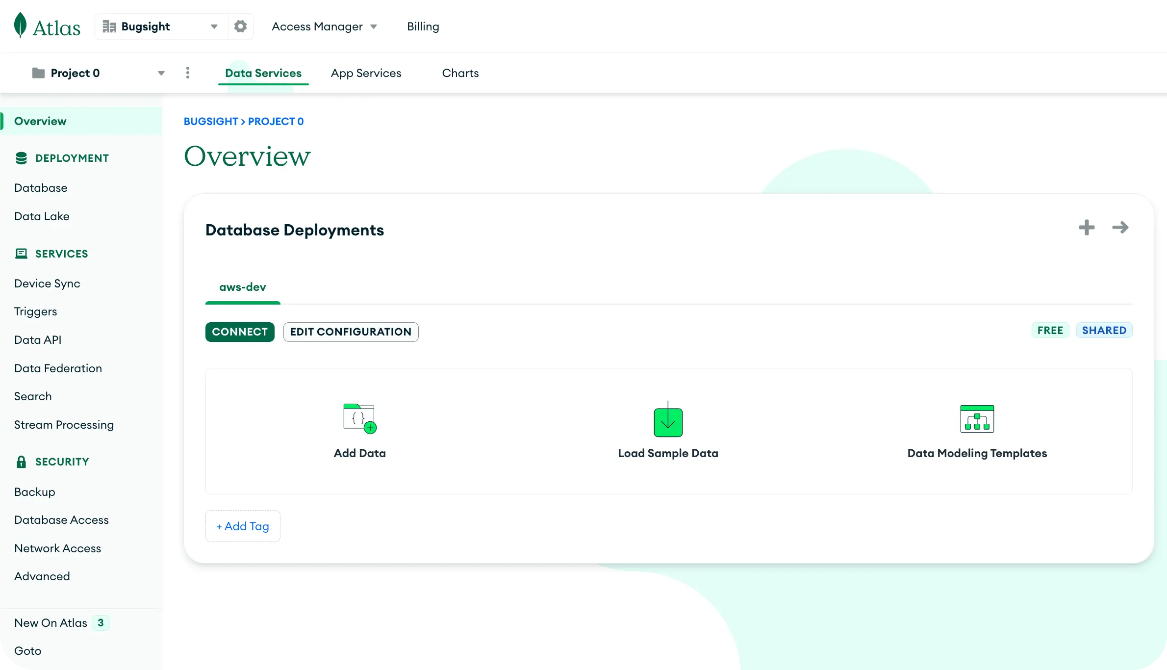 MongoDB Atlas - Dashboard overview